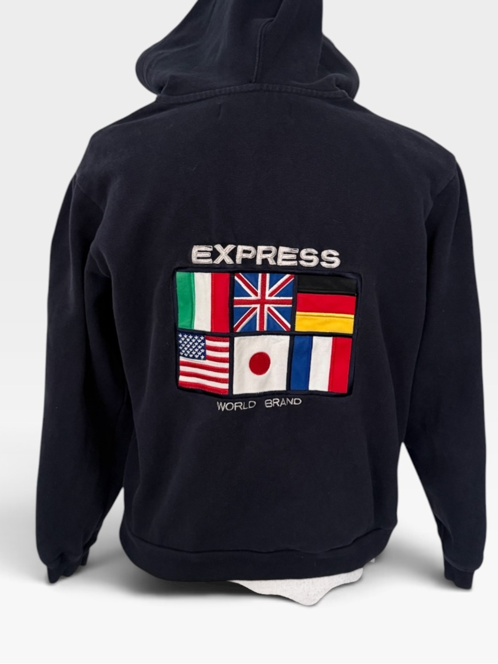 Vintage 90s Express World Brand Multi Country Flag Graphic Hoodie
